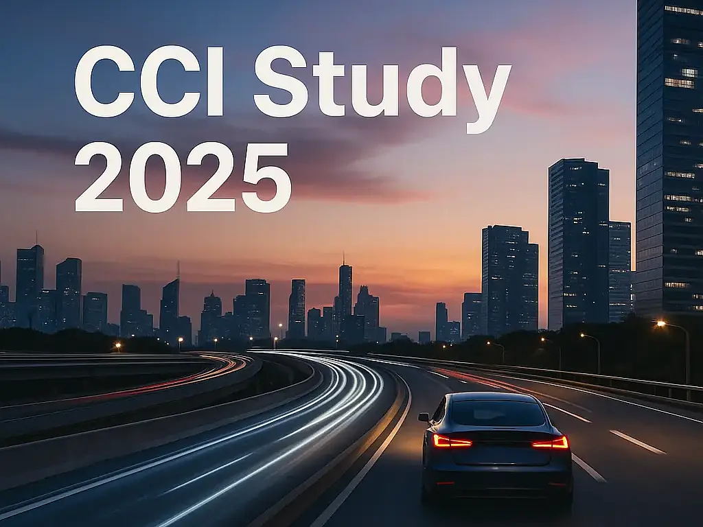 Cover image of the CCI Study 2025 by the Center of Automotive Management, showing a futuristic cityscape with autonomous vehicles.